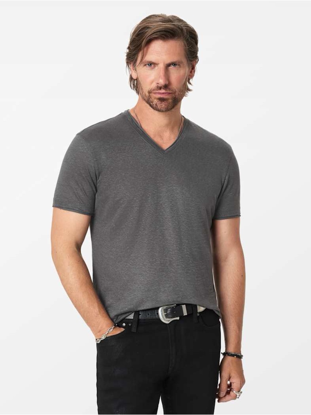 John Varvatos Wooster Linen Vneck Medium Deep Charcoal